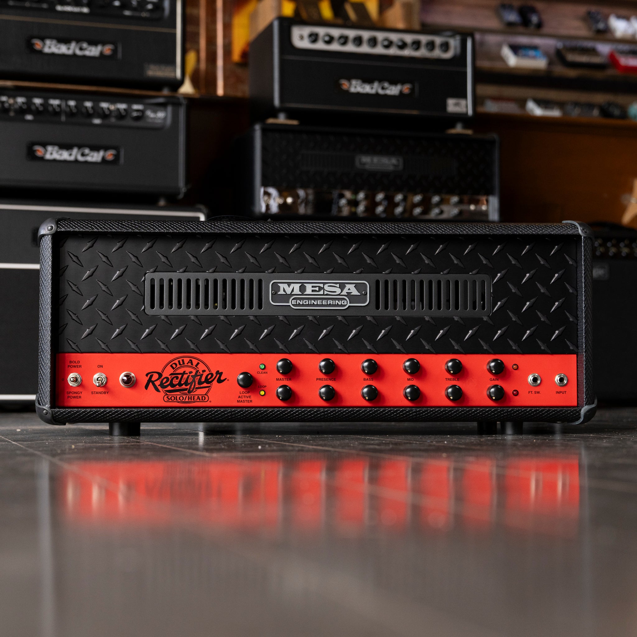 Mesa Boogie Limited Run 90’s Dual Rectifier Head Amplifier - Black Snake Vinyl, Rosso Scuderia Red Chassis - Midwood Guitar