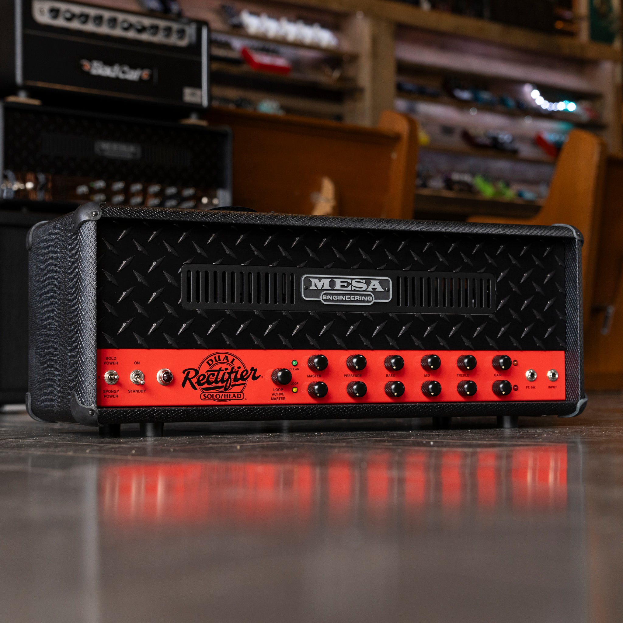 Mesa Boogie Limited Run 90’s Dual Rectifier Head Amplifier - Black Snake Vinyl, Rosso Scuderia Red Chassis - Midwood Guitar