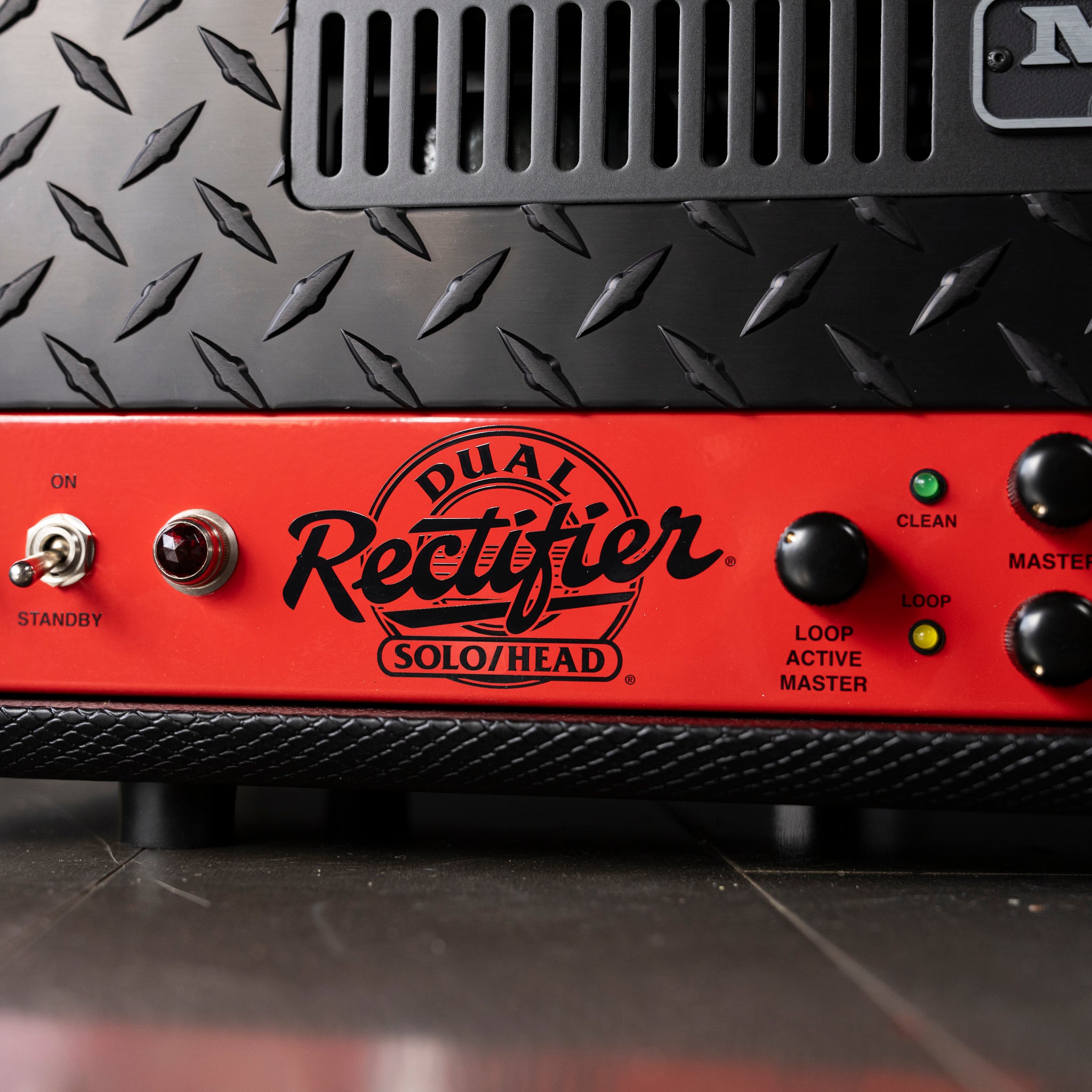 Mesa Boogie Limited Run 90’s Dual Rectifier Head Amplifier - Black Snake Vinyl, Rosso Scuderia Red Chassis - Midwood Guitar
