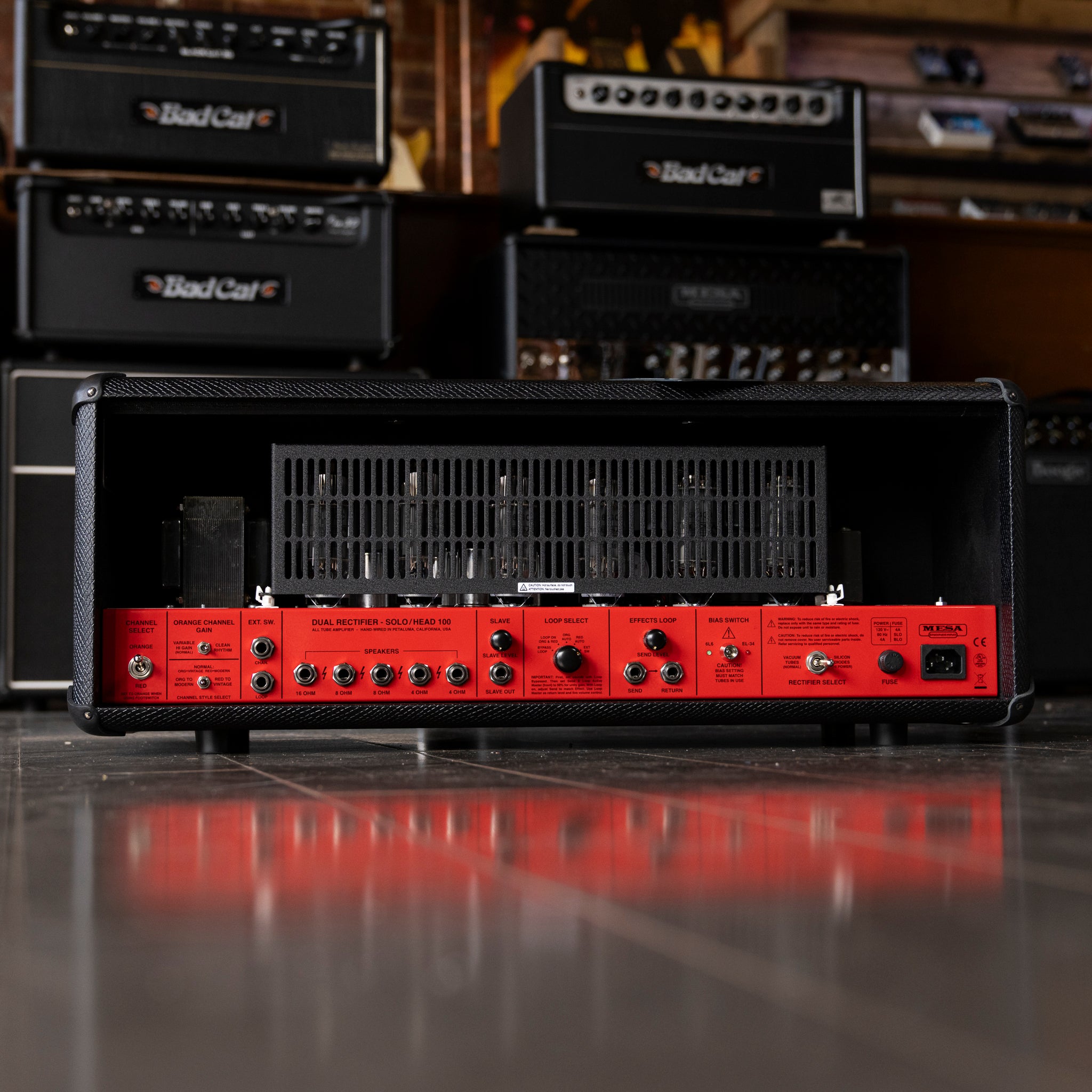Mesa Boogie Limited Run 90’s Dual Rectifier Head Amplifier - Black Snake Vinyl, Rosso Scuderia Red Chassis - Midwood Guitar